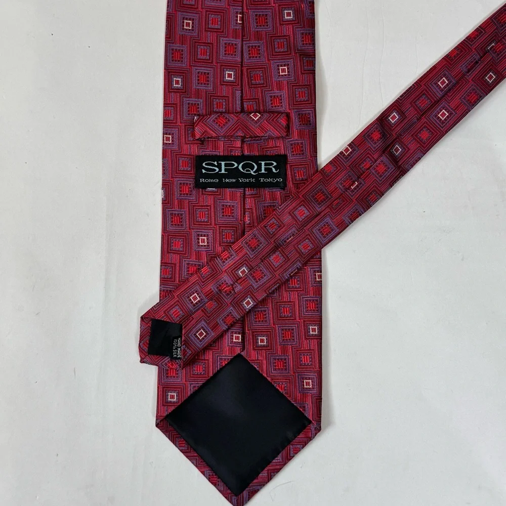 SPQR Men’s Necktie Jacquard Red and Blue 100% Silk Handmade Tie